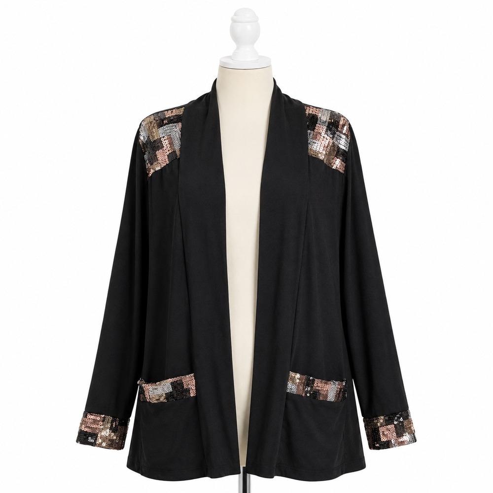 Anthony Originals Sequin Open Front Cardigan Black Stretch Womens Medium Duster